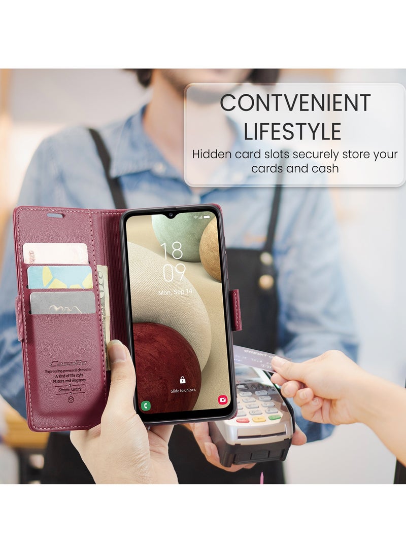 Phone Case for Samsung Galaxy A12 / M12 Anti-scratch Leather Kickstand Card Slot Money Pocket burgundy  - Image 4