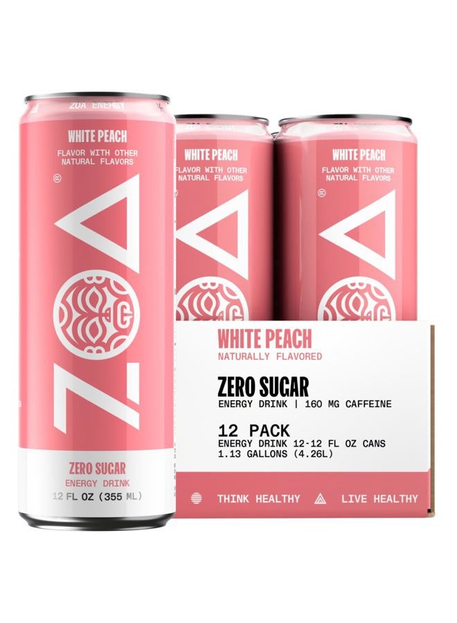 ZOA Zero Sugar Energy Drinks, White Peach - Sugar Free with Electrolytes, Healthy Vitamin C, Amino Acids, Essential B-Vitamins, and Caffeine from Green Tea - 12 Fl Oz (12-Pack) - Image 1