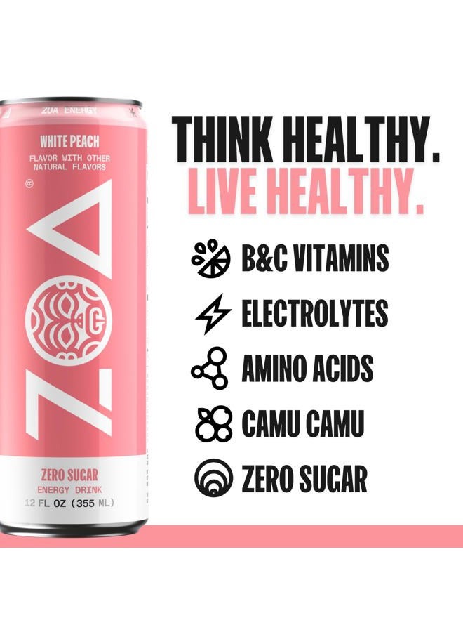 ZOA Zero Sugar Energy Drinks, White Peach - Sugar Free with Electrolytes, Healthy Vitamin C, Amino Acids, Essential B-Vitamins, and Caffeine from Green Tea - 12 Fl Oz (12-Pack) - Image 2