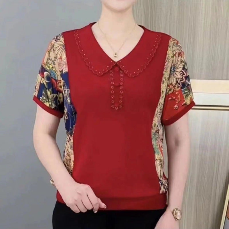 Fashionable Short-Sleeved T-Shirt Stitching Printed Slim Flesh Covering Top Mother'S Western Style Casual Base Shirt - Image 4