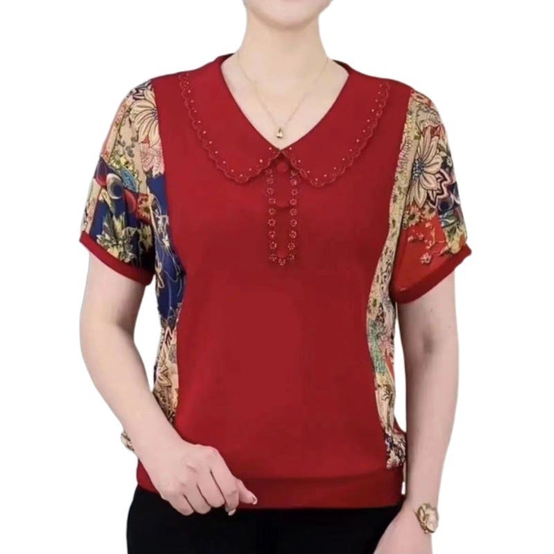Fashionable Short-Sleeved T-Shirt Stitching Printed Slim Flesh Covering Top Mother'S Western Style Casual Base Shirt - Image 5