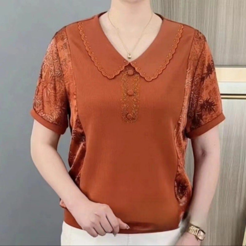 Fashionable Short-Sleeved T-Shirt Stitching Printed Slim Flesh Covering Top Mother'S Western Style Casual Base Shirt - Image 1
