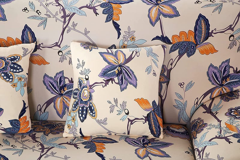 House of Quirk Universal Single Seater Sofa Cover Big Elasticity Cover for Couch Flexible Stretch Sofa Slipcover (Beige/Blue Butterfly, 90-145cm) - Image 3