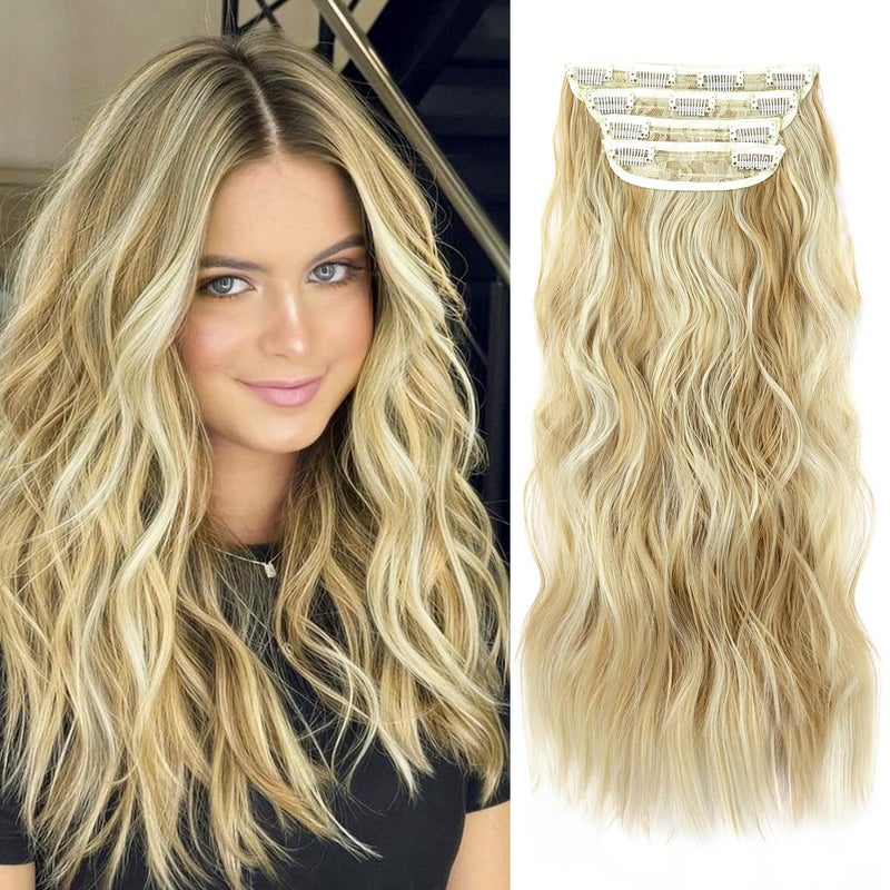 LEEONS Clip in Long Wavy Synthetic Hair Extension 20 Inch 4PCS Dark Golden Mix Beige Blonde Highlights Hairpieces Thick Double Weft Hair Extension for Women (4pcs, 20Inch, P86/613#) - Image 1