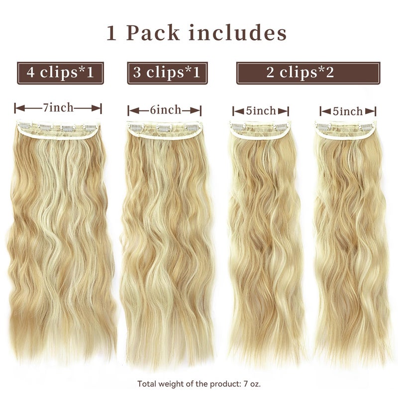 LEEONS Clip in Long Wavy Synthetic Hair Extension 20 Inch 4PCS Dark Golden Mix Beige Blonde Highlights Hairpieces Thick Double Weft Hair Extension for Women (4pcs, 20Inch, P86/613#) - Image 2