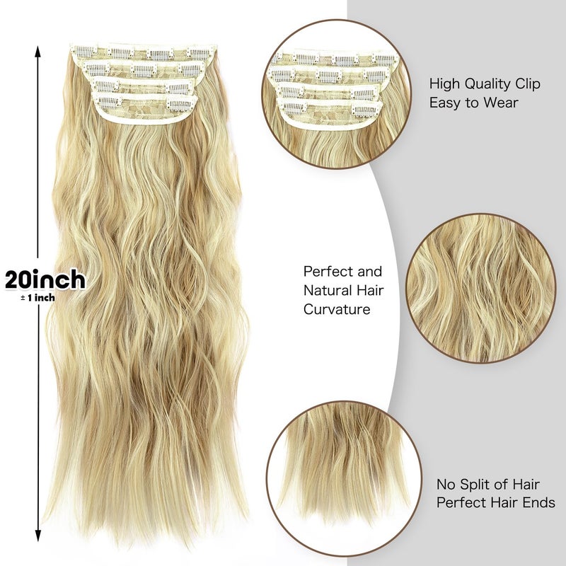 LEEONS Clip in Long Wavy Synthetic Hair Extension 20 Inch 4PCS Dark Golden Mix Beige Blonde Highlights Hairpieces Thick Double Weft Hair Extension for Women (4pcs, 20Inch, P86/613#) - Image 4
