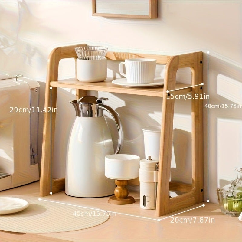 2 Tier Bamboo Countertop Organizer - Modern Cream Style, Natural Wood Finish, Multi-Purpose Storage for Kitchen, Office, Bedroom, Dorm Room - Great for Mugs, Glassware Sturdy Frame Design, Bamboo Shelves, Utility Shelves, Standing Shelf - Image 2