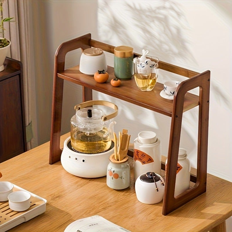 2 Tier Bamboo Countertop Organizer - Modern Cream Style, Natural Wood Finish, Multi-Purpose Storage for Kitchen, Office, Bedroom, Dorm Room - Great for Mugs, Glassware Sturdy Frame Design, Bamboo Shelves, Utility Shelves, Standing Shelf - Image 5