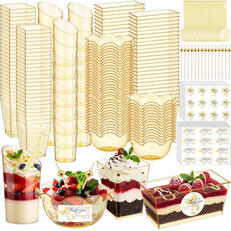 Vesici 446 Pcs Mini Dessert Cups with Spoons, Picks, 3, 5, 6 oz Plastic Ice Cream Bowls Bulk Dessert Shooters Cups for Salad, Fruit, Wedding, Birthday, Valentine's Day and Easter Party Supplies(Gold) - Image 1