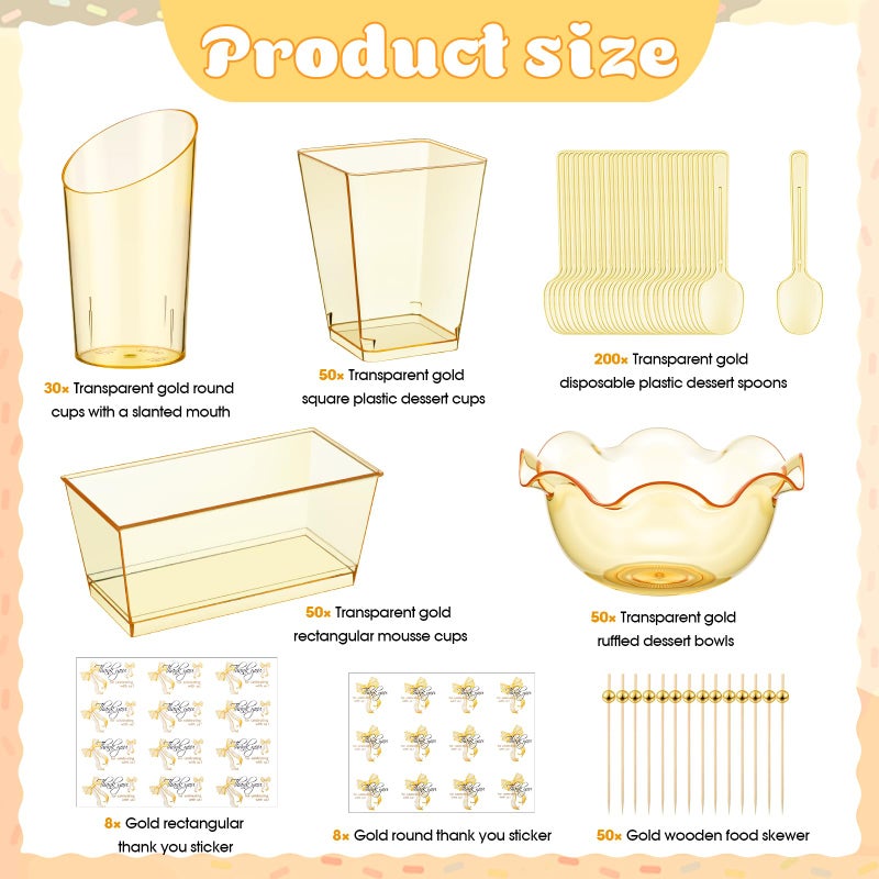 Vesici 446 Pcs Mini Dessert Cups with Spoons, Picks, 3, 5, 6 oz Plastic Ice Cream Bowls Bulk Dessert Shooters Cups for Salad, Fruit, Wedding, Birthday, Valentine's Day and Easter Party Supplies(Gold) - Image 2
