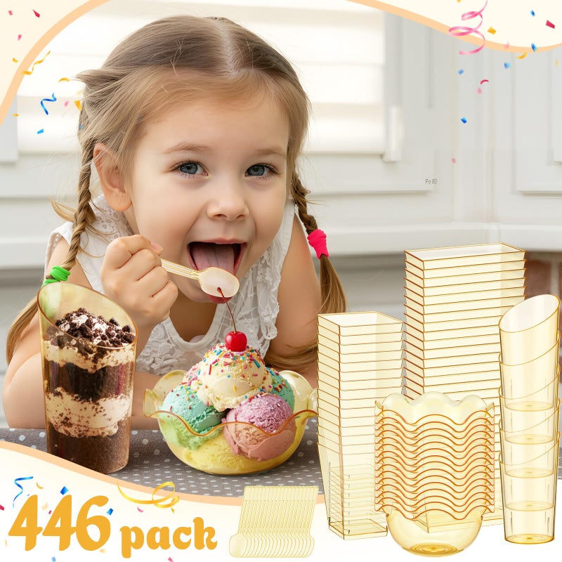 Vesici 446 Pcs Mini Dessert Cups with Spoons, Picks, 3, 5, 6 oz Plastic Ice Cream Bowls Bulk Dessert Shooters Cups for Salad, Fruit, Wedding, Birthday, Valentine's Day and Easter Party Supplies(Gold) - Image 4