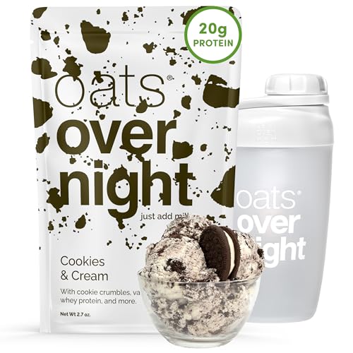 Oats Overnight Cookies & Cream - Overnight Oats with 20g Whey Protein, High Fiber Breakfast Protein Shake - Gluten Free Oatmeal, Non GMO High Protein Oatmeal (2.7 oz per Meal) (8 Pack + Shaker Bottle) - Image 1