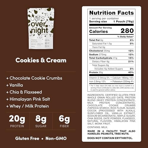 Oats Overnight Cookies & Cream - Overnight Oats with 20g Whey Protein, High Fiber Breakfast Protein Shake - Gluten Free Oatmeal, Non GMO High Protein Oatmeal (2.7 oz per Meal) (8 Pack + Shaker Bottle) - Image 2