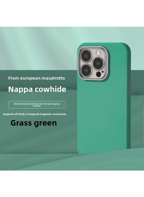 All-inclusive Fine Leather Case MagSafe Magnetic Application IPhone14pro Max Apple 15 Phone Case 13 Solid Color-Color:XYM Fine Grain Grass Green-Applicable Model:15Pro Max (without Packaging)