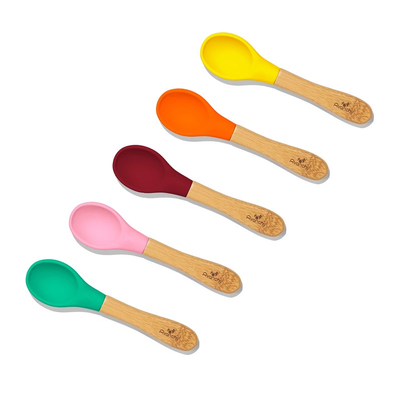 Avanchy Baby Spoons 5 Bamboo and Silicone Set, Self Feeding Food Utensils, 4 Months Baby Led Weaning, 5 Pack W/Pink - Image 1