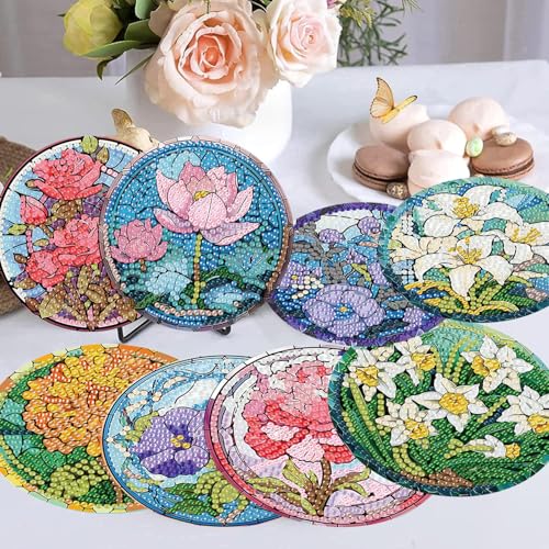 mrpwnle 8 Pack Diamond Art Coasters Kits, Flowers Diamond Painting Coasters Kit Set with Holder Cork Pads, DIY Flower Diamonds Art Non Slip Coaster Crafts Kits for Adults Beginners Gifts - Image 2
