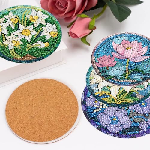 mrpwnle 8 Pack Diamond Art Coasters Kits, Flowers Diamond Painting Coasters Kit Set with Holder Cork Pads, DIY Flower Diamonds Art Non Slip Coaster Crafts Kits for Adults Beginners Gifts - Image 3