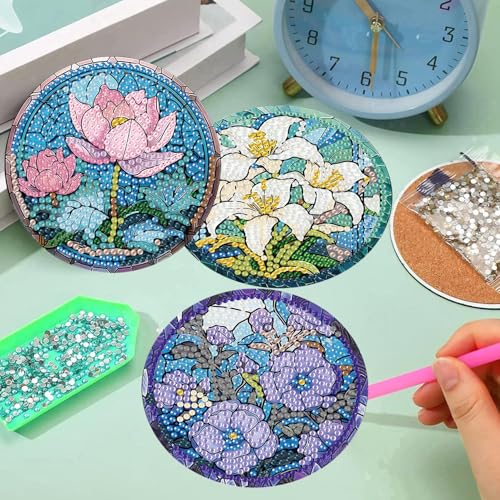 mrpwnle 8 Pack Diamond Art Coasters Kits, Flowers Diamond Painting Coasters Kit Set with Holder Cork Pads, DIY Flower Diamonds Art Non Slip Coaster Crafts Kits for Adults Beginners Gifts - Image 4