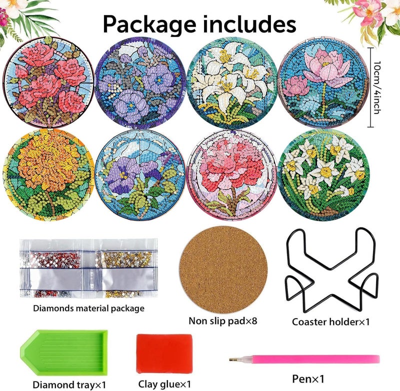 mrpwnle 8 Pack Diamond Art Coasters Kits, Flowers Diamond Painting Coasters Kit Set with Holder Cork Pads, DIY Flower Diamonds Art Non Slip Coaster Crafts Kits for Adults Beginners Gifts - Image 5