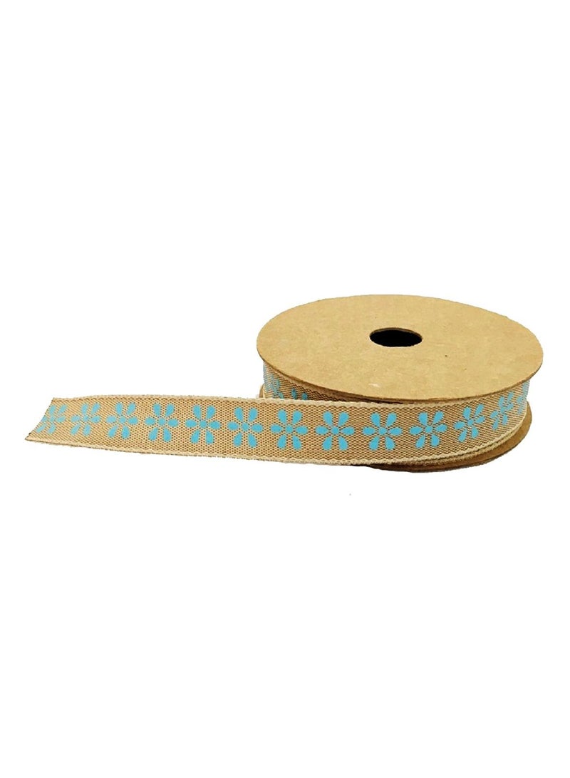 Salla Burlap Ribbon Beige with Blue Flower Print 5M Roll - Image 1