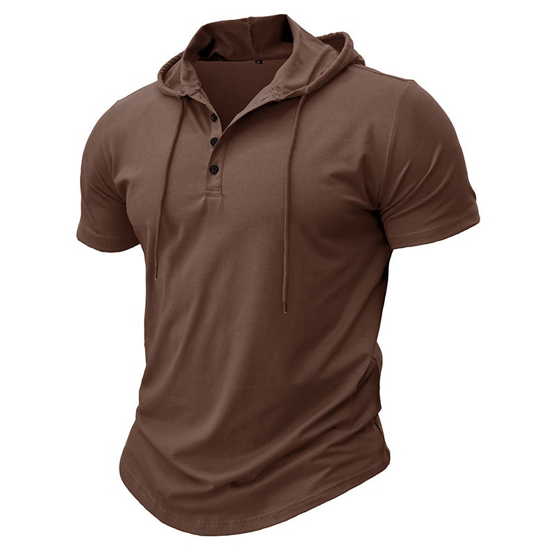 Generic Mens Fitness Hooded Tee Sports Short Sleeve Brown - Image 1