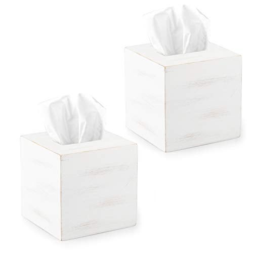 Ilyapa Wood Tissue Box Cover Square, 2 Pack - Rustic Farmhouse White Wooden Tissue Holder - Image 1