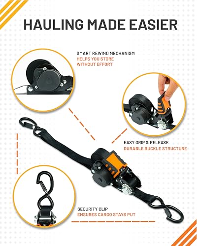 Strapinno Retractable Ratchet Straps - 1 in x 12 ft Heavy Duty Tie Downs, 1800lbs Breaking Strength Each, S Hooks with Safety Clip, AutoRetract, for Moving, Motorcycle, Boat, Kayak, and Cargo (4 PCS) - Image 2