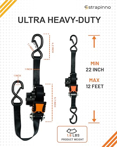 Strapinno Retractable Ratchet Straps - 1 in x 12 ft Heavy Duty Tie Downs, 1800lbs Breaking Strength Each, S Hooks with Safety Clip, AutoRetract, for Moving, Motorcycle, Boat, Kayak, and Cargo (4 PCS) - Image 3