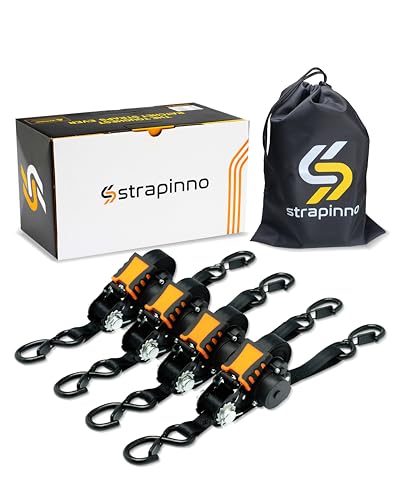 Strapinno Retractable Ratchet Straps - 1 in x 12 ft Heavy Duty Tie Downs, 1800lbs Breaking Strength Each, S Hooks with Safety Clip, AutoRetract, for Moving, Motorcycle, Boat, Kayak, and Cargo (4 PCS) - Image 1