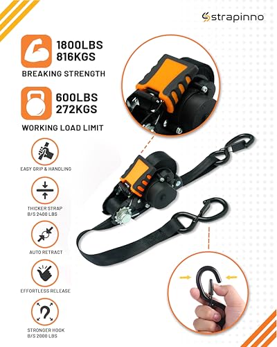 Strapinno Retractable Ratchet Straps - 1 in x 12 ft Heavy Duty Tie Downs, 1800lbs Breaking Strength Each, S Hooks with Safety Clip, AutoRetract, for Moving, Motorcycle, Boat, Kayak, and Cargo (4 PCS) - Image 5