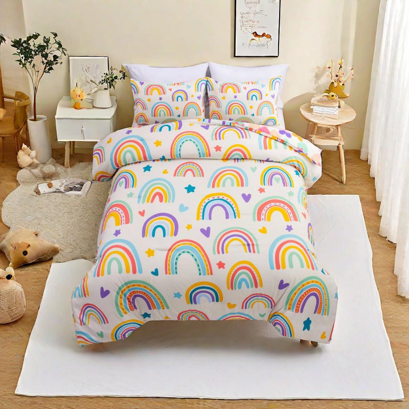 Btargot 3 Piece Kids Rainbow Comforter Set with 2 Pillow Covers  Cartoon Love Hearts Suns and Stars Bedding Set for Girls Boys Kids  Twin Beige - Image 1