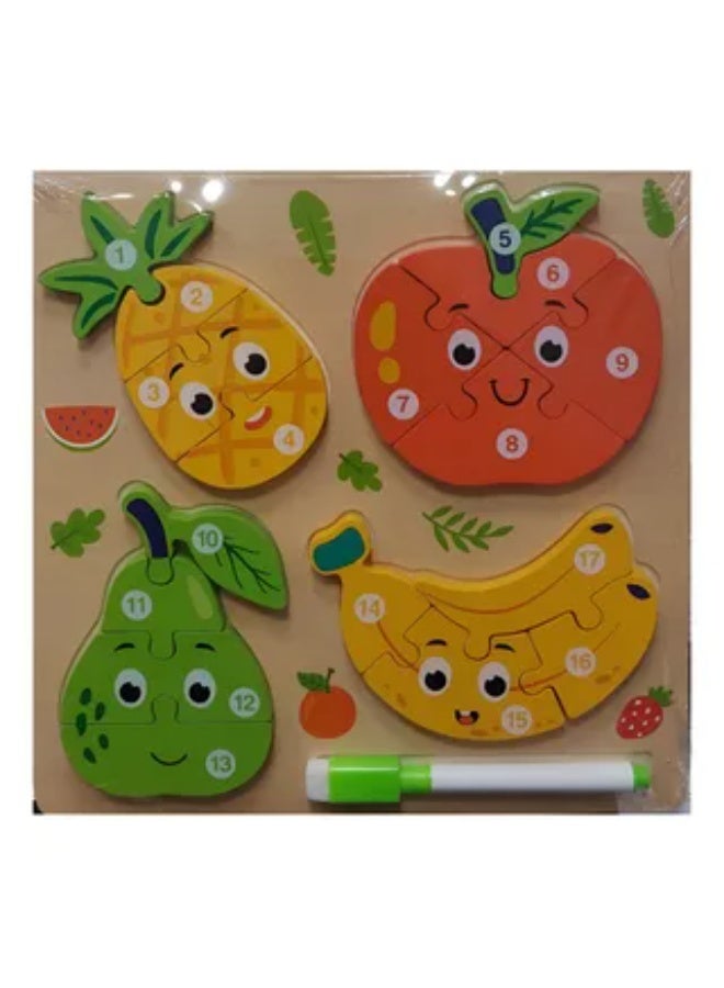 Wooden Fruit Puzzle Board for Kids – Educational Jigsaw Puzzle with Marker Pen, Shape & Number Learning Toy for Toddlers - Image 1