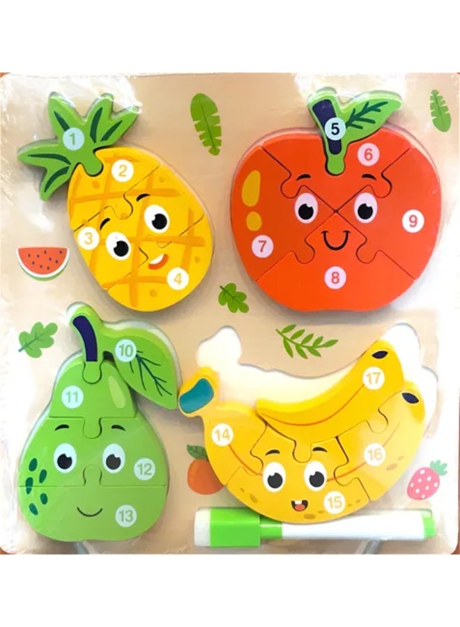 Wooden Fruit Puzzle Board for Kids – Educational Jigsaw Puzzle with Marker Pen, Shape & Number Learning Toy for Toddlers - Image 2