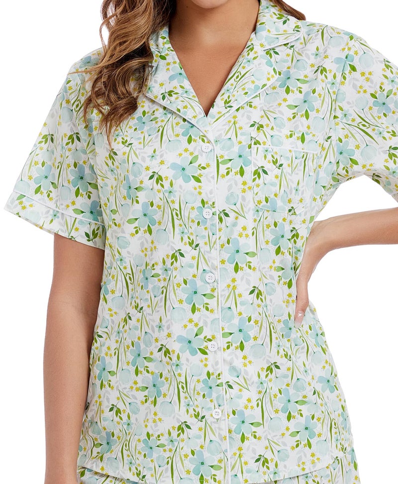 LUBOT 100% Cotton Women's Pajamas Set Button-Down Two-piece PJ Set Short Sleeve Printed Patterned Summer Sleepwear Loungewear (Green Blooms, M) - Image 3