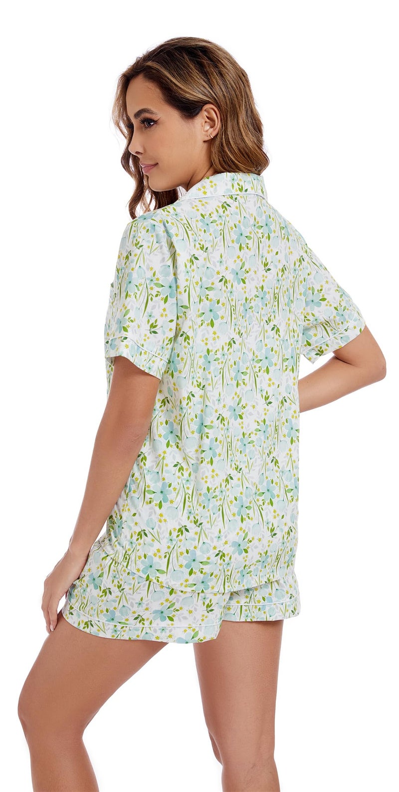 LUBOT 100% Cotton Women's Pajamas Set Button-Down Two-piece PJ Set Short Sleeve Printed Patterned Summer Sleepwear Loungewear (Green Blooms, M) - Image 5