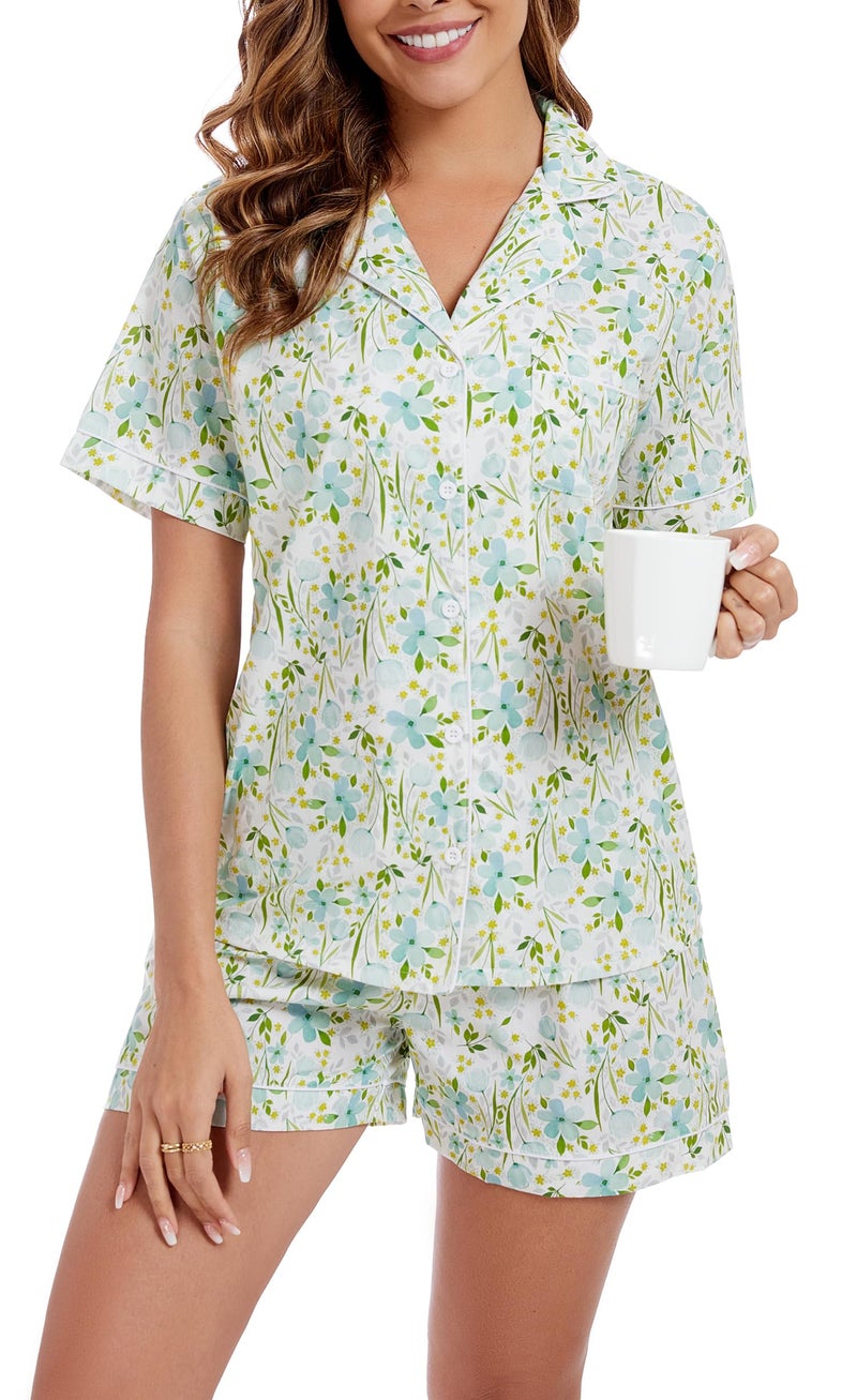 LUBOT 100% Cotton Women's Pajamas Set Button-Down Two-piece PJ Set Short Sleeve Printed Patterned Summer Sleepwear Loungewear (Green Blooms, M) - Image 1