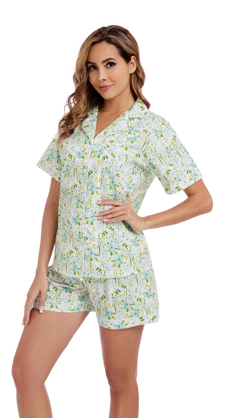 LUBOT 100% Cotton Women's Pajamas Set Button-Down Two-piece PJ Set Short Sleeve Printed Patterned Summer Sleepwear Loungewear (Green Blooms, M) - Image 2