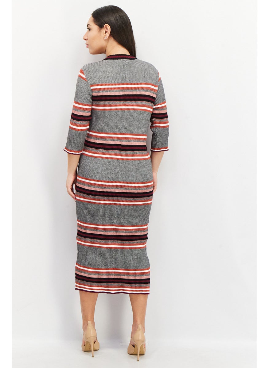 French Connection Women Textured 3/4 Sleeve Knitted Midi Dress, Grey Combo  - Image 2