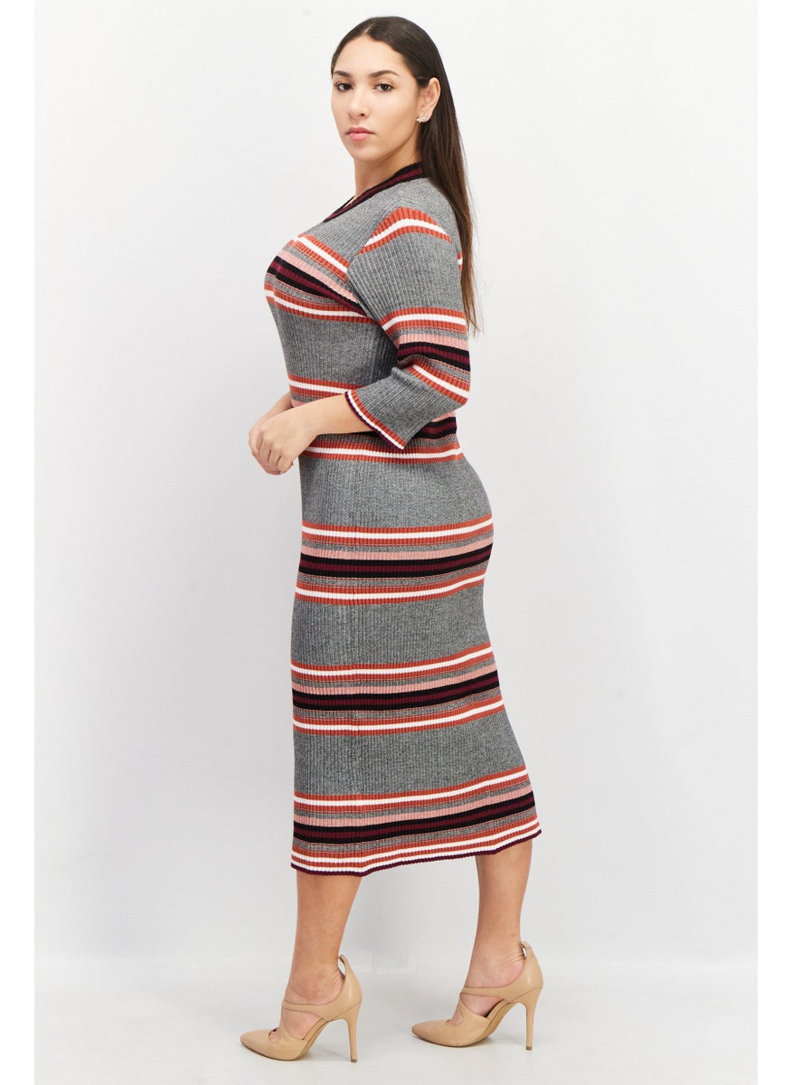 French Connection Women Textured 3/4 Sleeve Knitted Midi Dress, Grey Combo  - Image 3