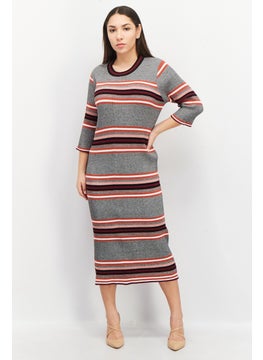 French Connection Women Textured 3/4 Sleeve Knitted Midi Dress, Grey Combo  - Image 1