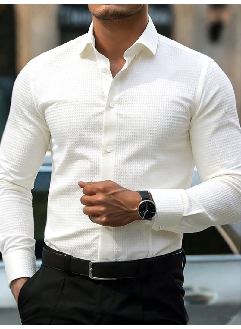 Men's White Waffle Textured Shirt Long Sleeve Button Up Casual Dress Shirt - Image 1