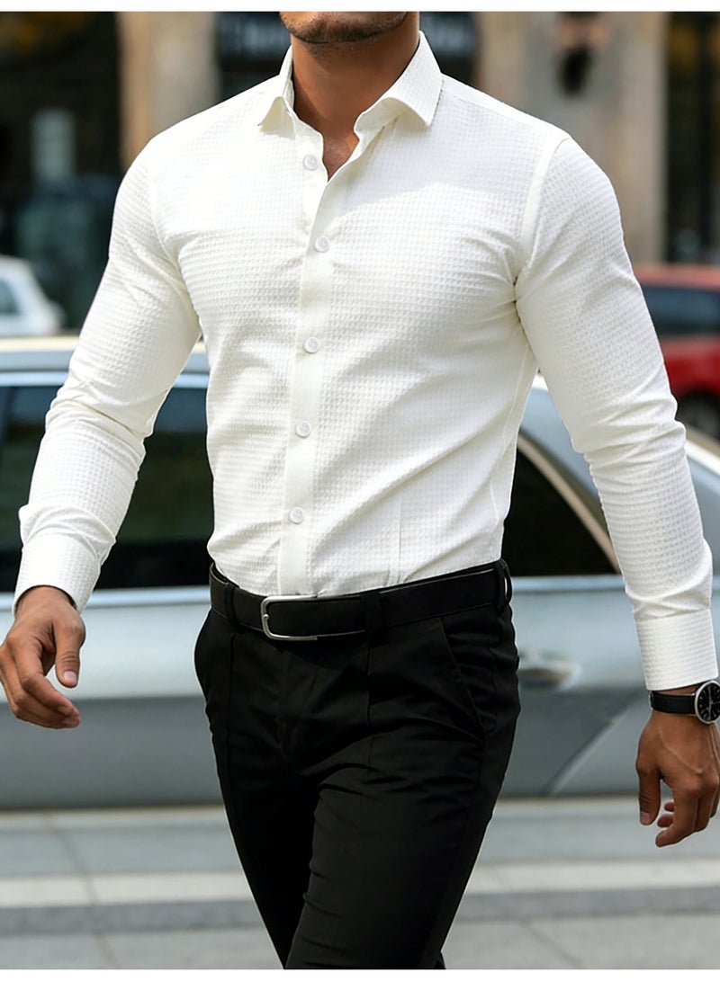 Men's White Waffle Textured Shirt Long Sleeve Button Up Casual Dress Shirt - Image 3