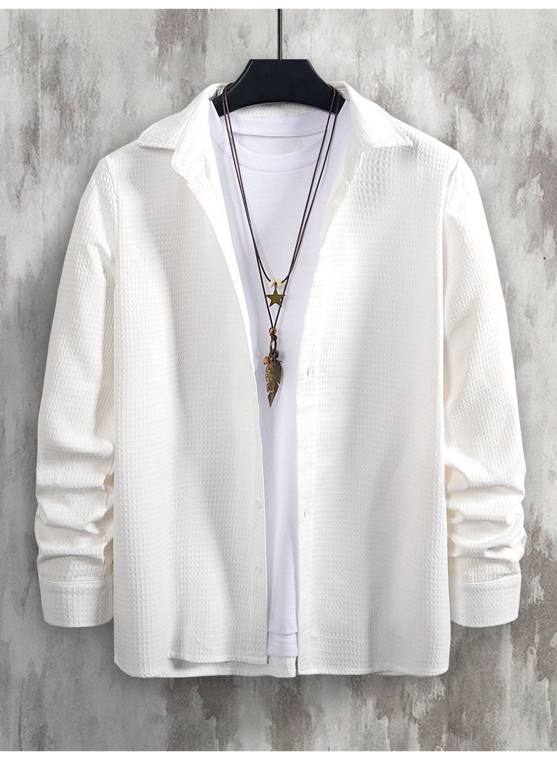 Men's White Waffle Textured Shirt Long Sleeve Button Up Casual Dress Shirt - Image 5