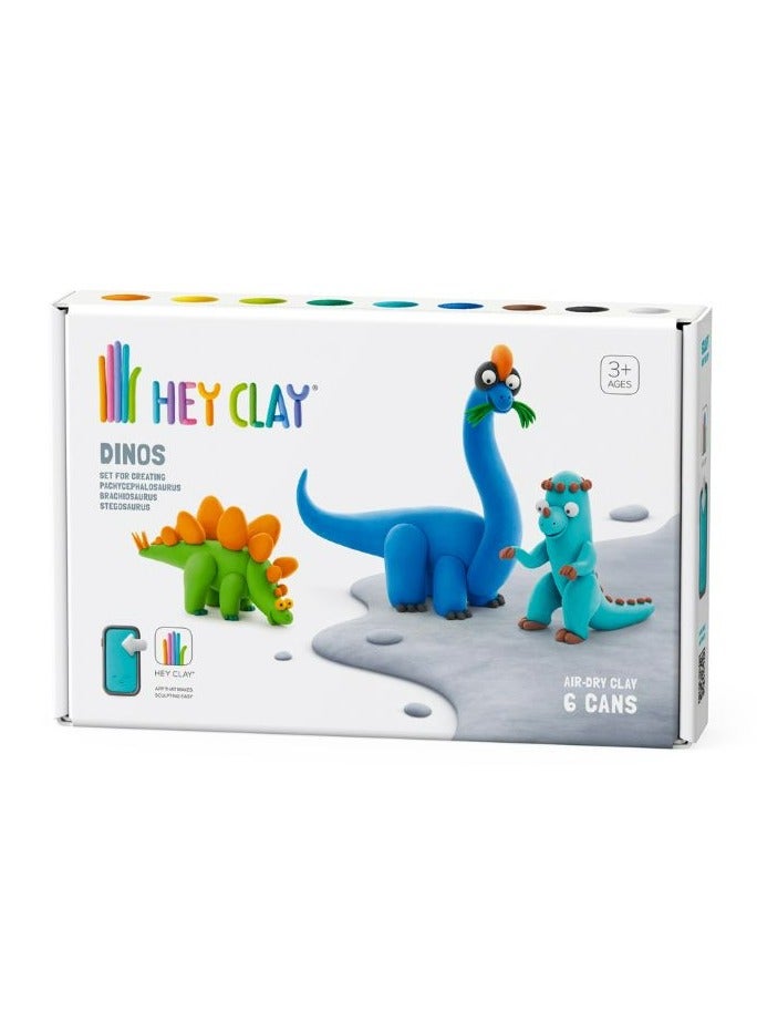HEY CLAY DIY Dinos: Stegosaurus, Pachycephalosaurus, Brachiosaurus Plastic Creative Modelling Air-Dry Clay For Kids 6 Cans  - Image 1