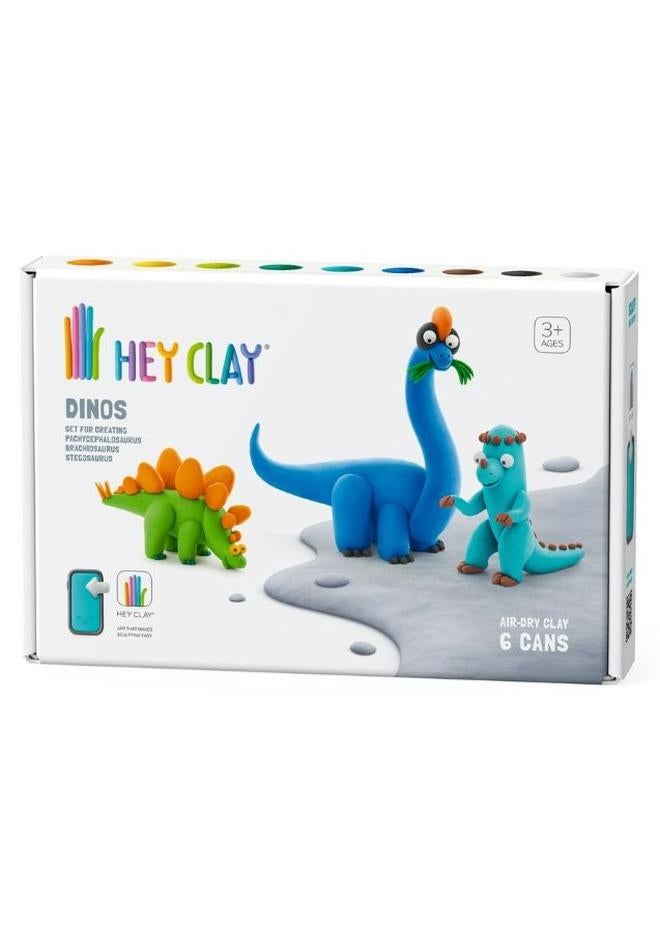 HEY CLAY DIY Dinos: Stegosaurus, Pachycephalosaurus, Brachiosaurus Plastic Creative Modelling Air-Dry Clay For Kids 6 Cans - Image 1
