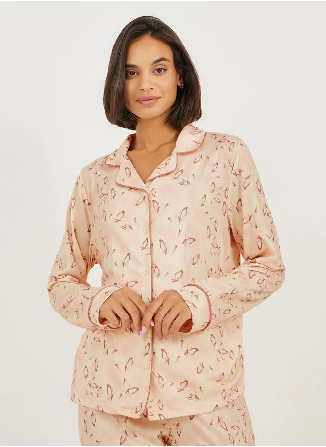 Styli All Over Butterfly Print Piped Shirt & Pyjama Set