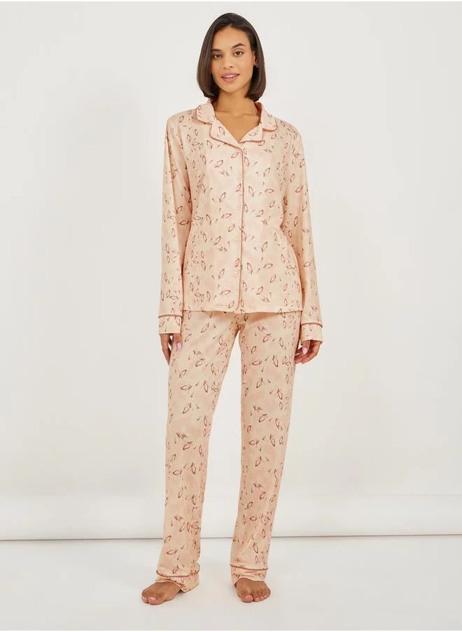 ستايلي All Over Butterfly Print Piped Shirt & Pyjama Set