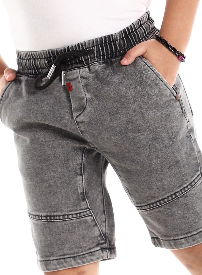 Andora Thigh Stitched Detail Washed Grey Denim Shorts  - Image 5