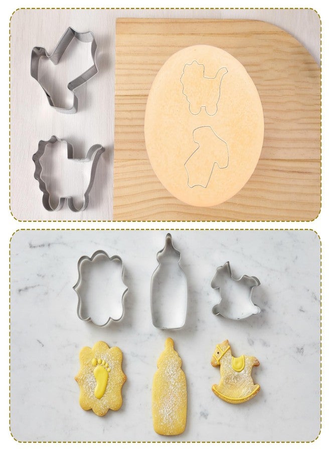 Apausvcm 7Pcs Baby Shower Cookie Cutter Set, Baby Onesie Bottle Rattle Rocking Horses Stroller Bib Footprint Shape, Stainless Steel Fondant Biscuit Mold for Babys Shower Party Supplies, Gender Reveal - Image 3