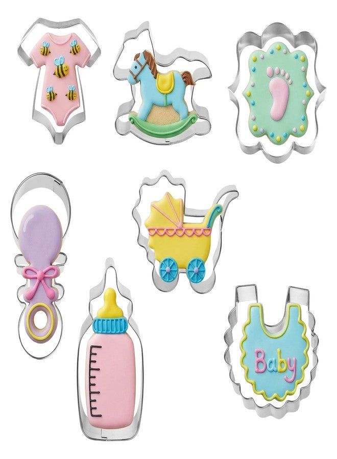 Apausvcm 7Pcs Baby Shower Cookie Cutter Set, Baby Onesie Bottle Rattle Rocking Horses Stroller Bib Footprint Shape, Stainless Steel Fondant Biscuit Mold for Babys Shower Party Supplies, Gender Reveal - Image 1
